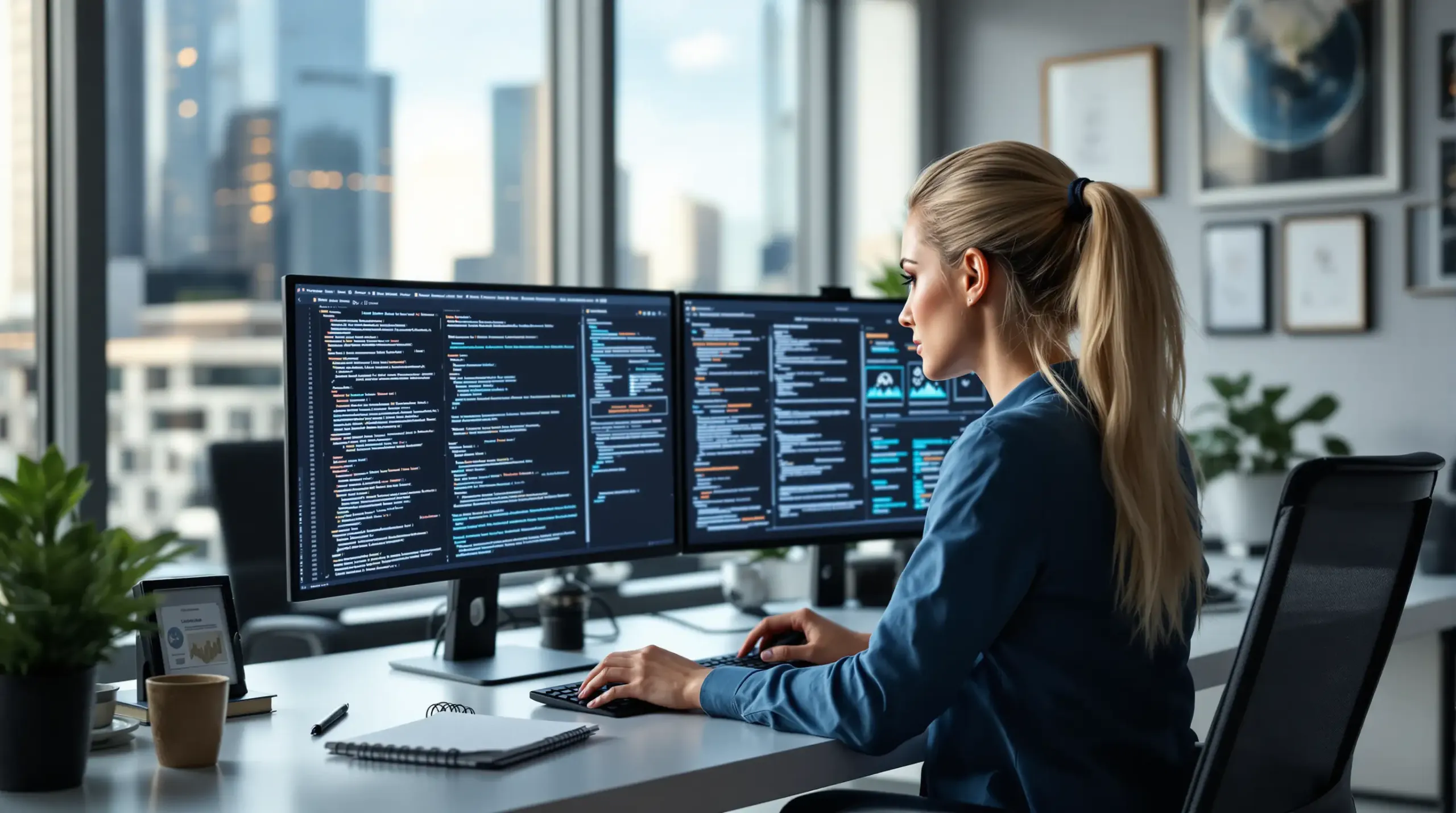 Frau programmiert an zwei Monitoren im Büro.