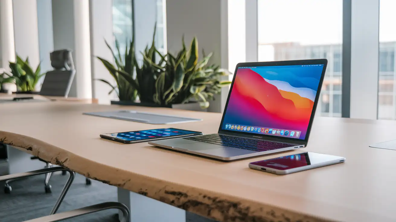 Laptop und Tablets auf einem modernen Schreibtisch