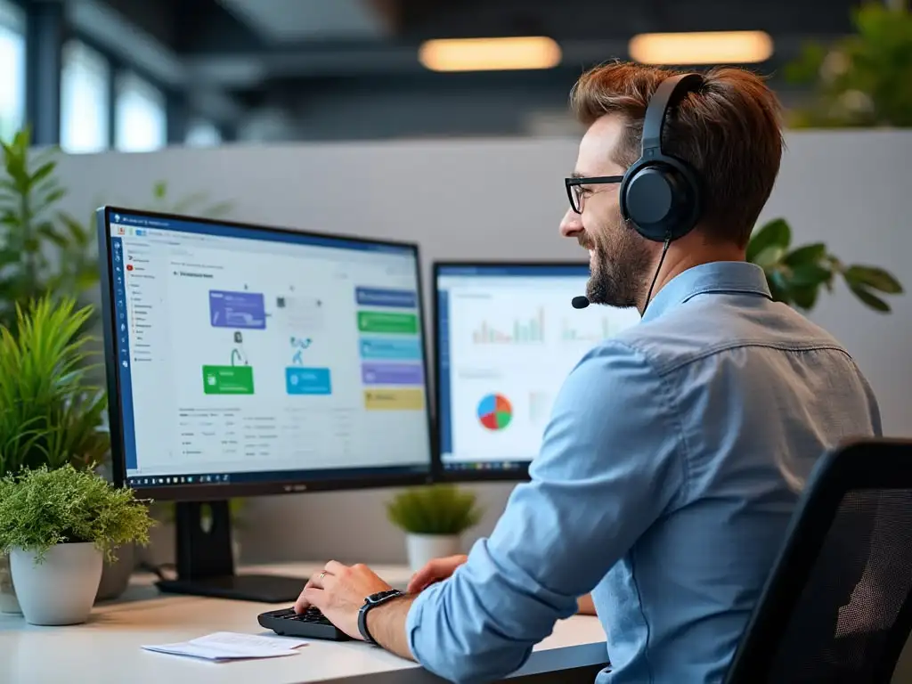 Mann am Computer mit Headset im Büro