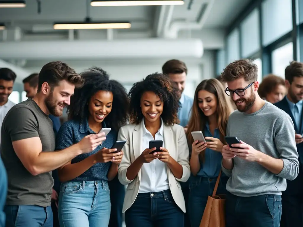 Personen in Büro nutzen Smartphones, lächelnd.