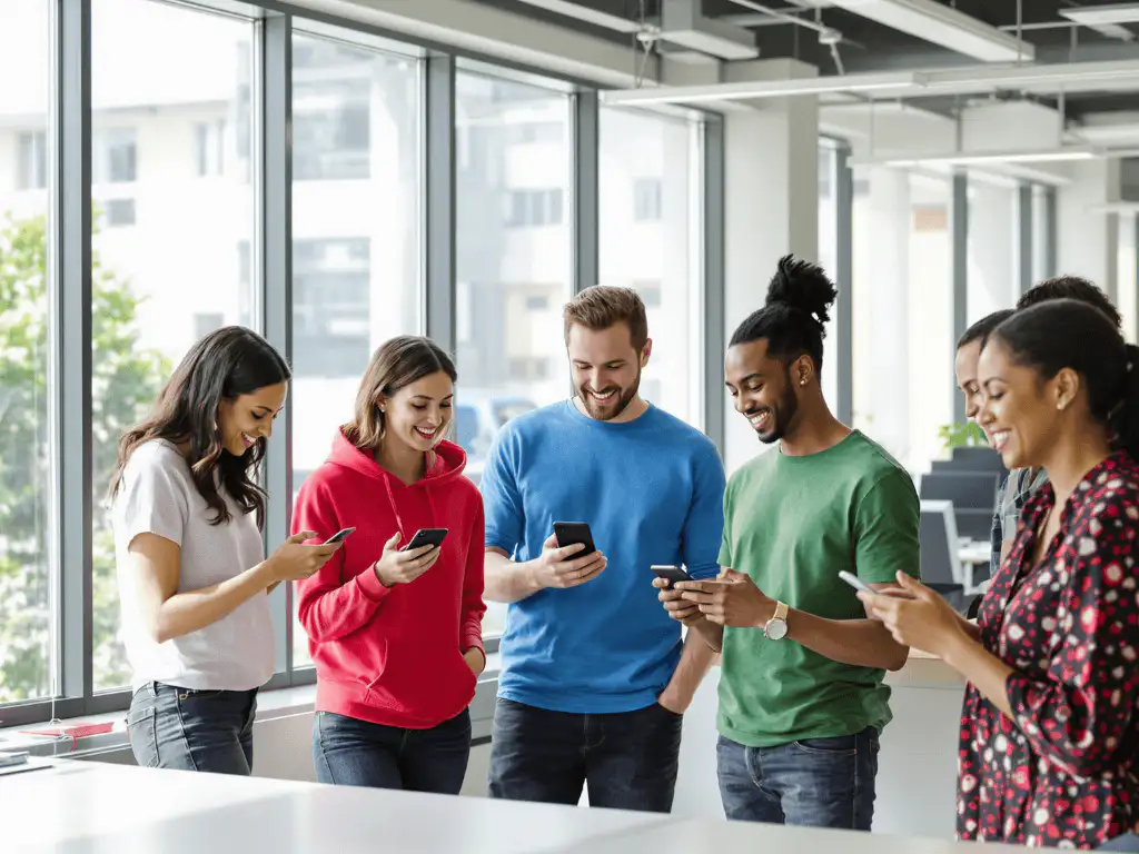 Gruppe junger Menschen mit Smartphone und Laptop.