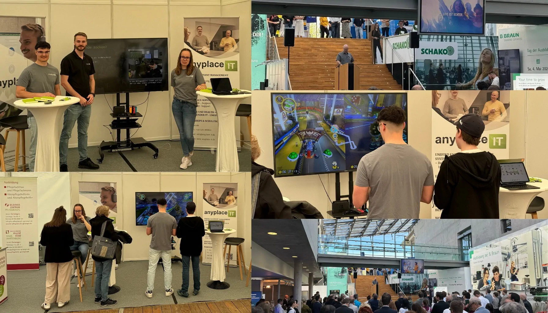 Technikmesse mit Gaming-Station und Präsentationen