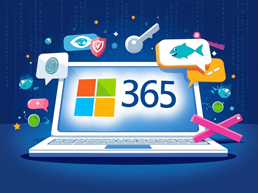 Ein stilisiertes Laptop zeigt das Microsoft 365-Logo auf blauem Hintergrund, umgeben von schwebenden Icons wie einem Fingerabdruck, Augensymbol mit Schild, Schlüssel und Sprechblasen, während im Hintergrund digitale Zahlenreihen im Matrix-Stil fallen und gelbe Sterne sowie blaue Fische die verspielte Designkomposition abrunden.