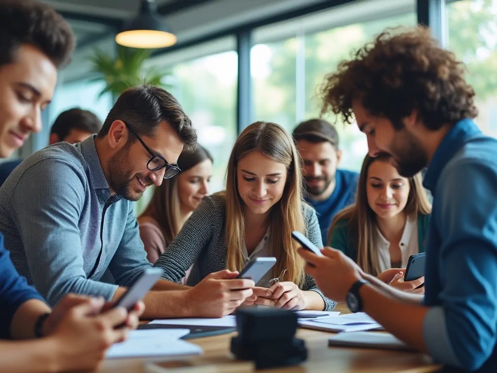 Gruppe junger Menschen mit Smartphones am Tisch.