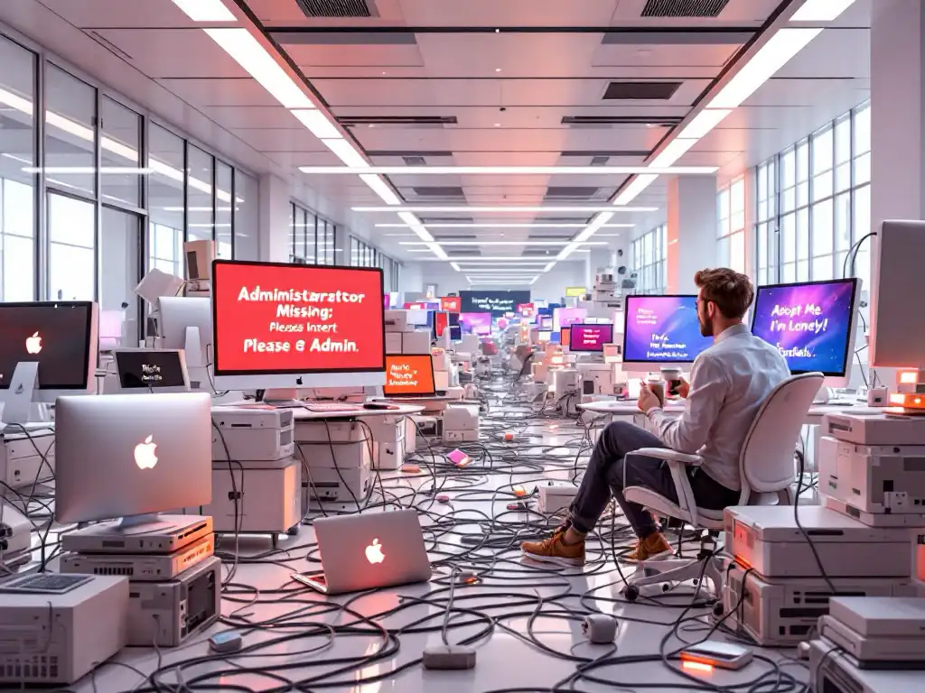 Mann im Büro mit Computern und Bildschirmen.