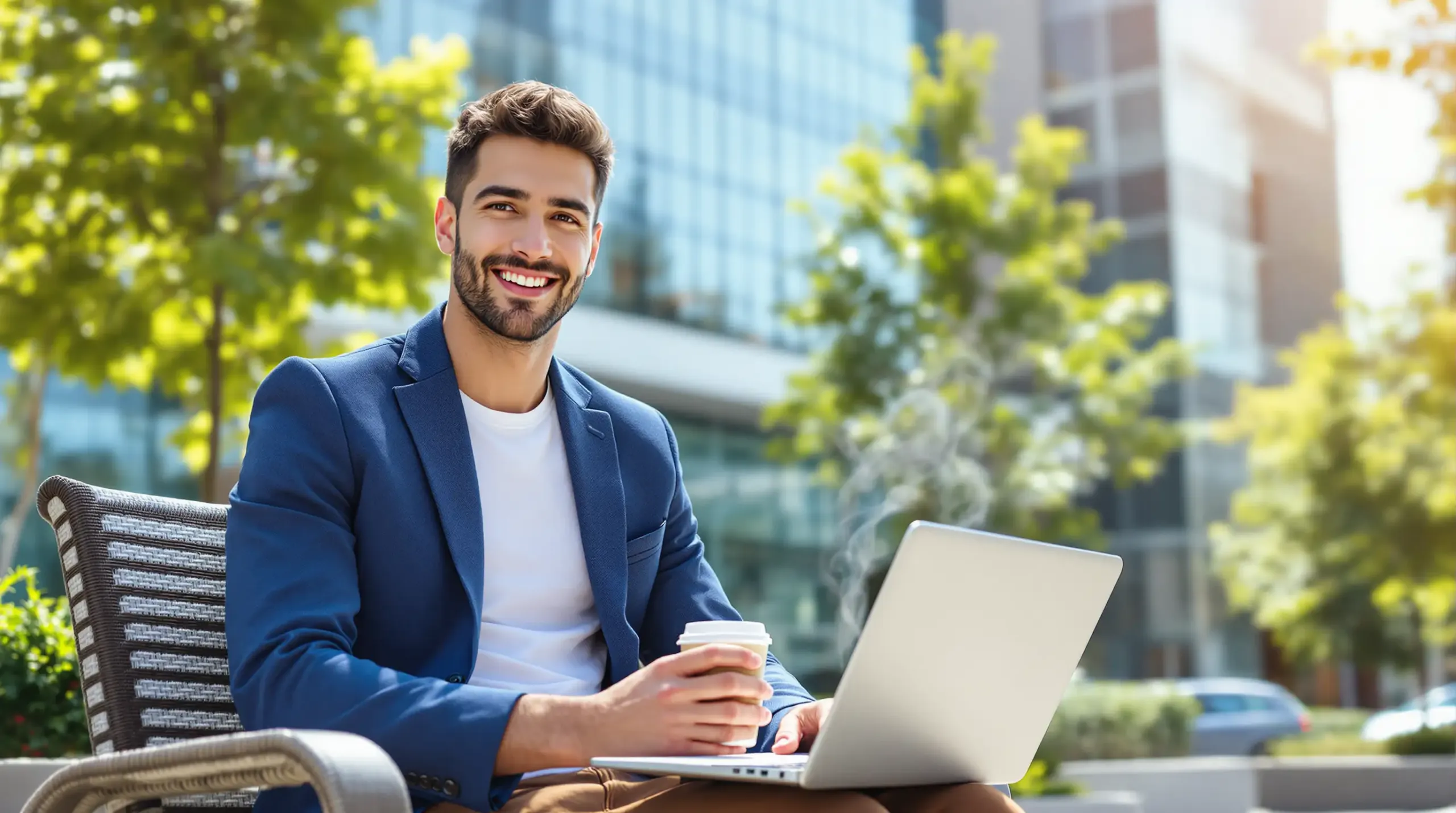 Person mit Laptop und Kaffee im Freien