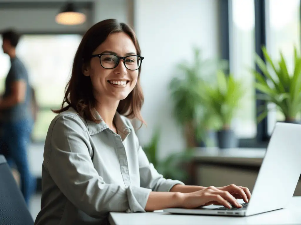 Frau lächelt am Laptop im Büro