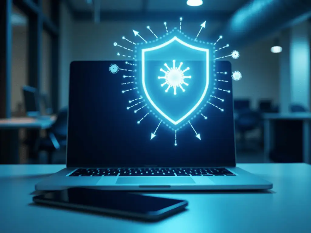 Laptop mit digitalem Sicherheitssymbol im Büro