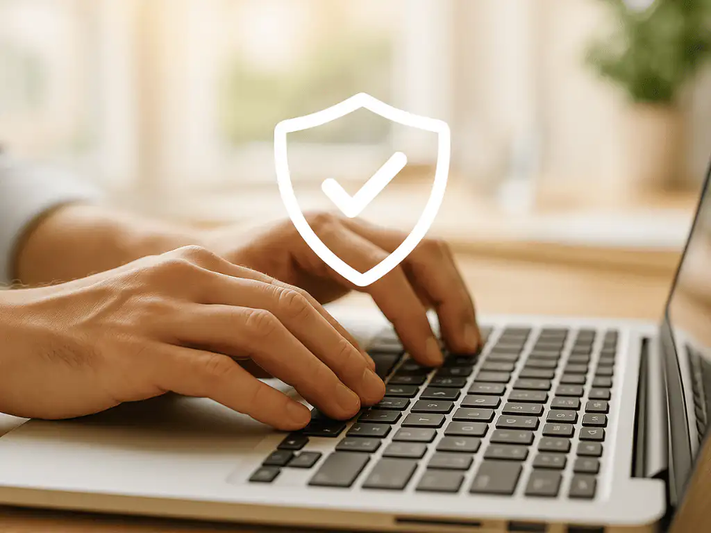 Hände tippen auf Laptop mit Sicherheitslogo