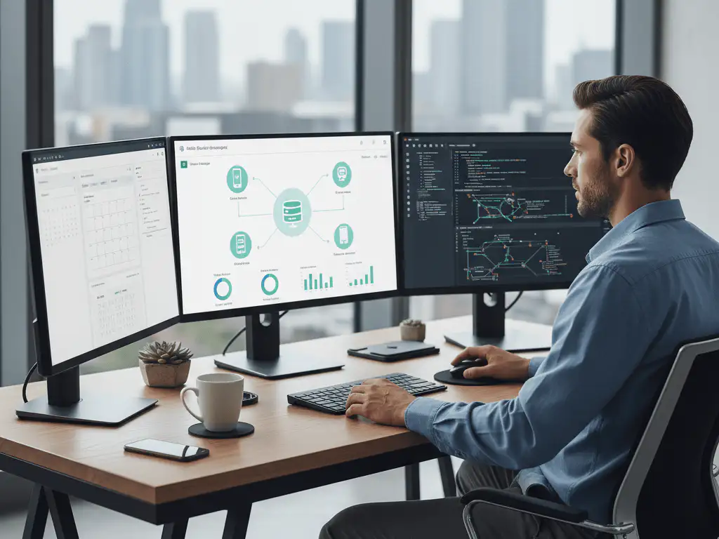 Mann arbeitet an Computer mit mehreren Monitoren.
