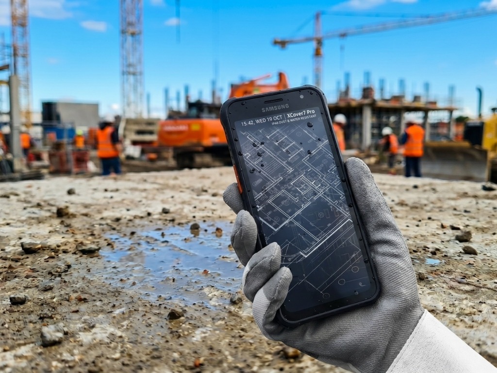 Ein Foto aus der Ich-Perspektive: Eine behandschuhte Hand hält ein robustes Samsung Galaxy XCover7 Pro über einer nassen Betonoberfläche auf einer Baustelle. Auf dem Display sind ein digitaler Bauplan, ein QR-Code und die Info-Zeile "XCover7 Pro | IP68 DUST & WATER RESISTANT" zu sehen. Der Hintergrund zeigt unscharf Kräne und Baufahrzeuge unter blauem Himmel.