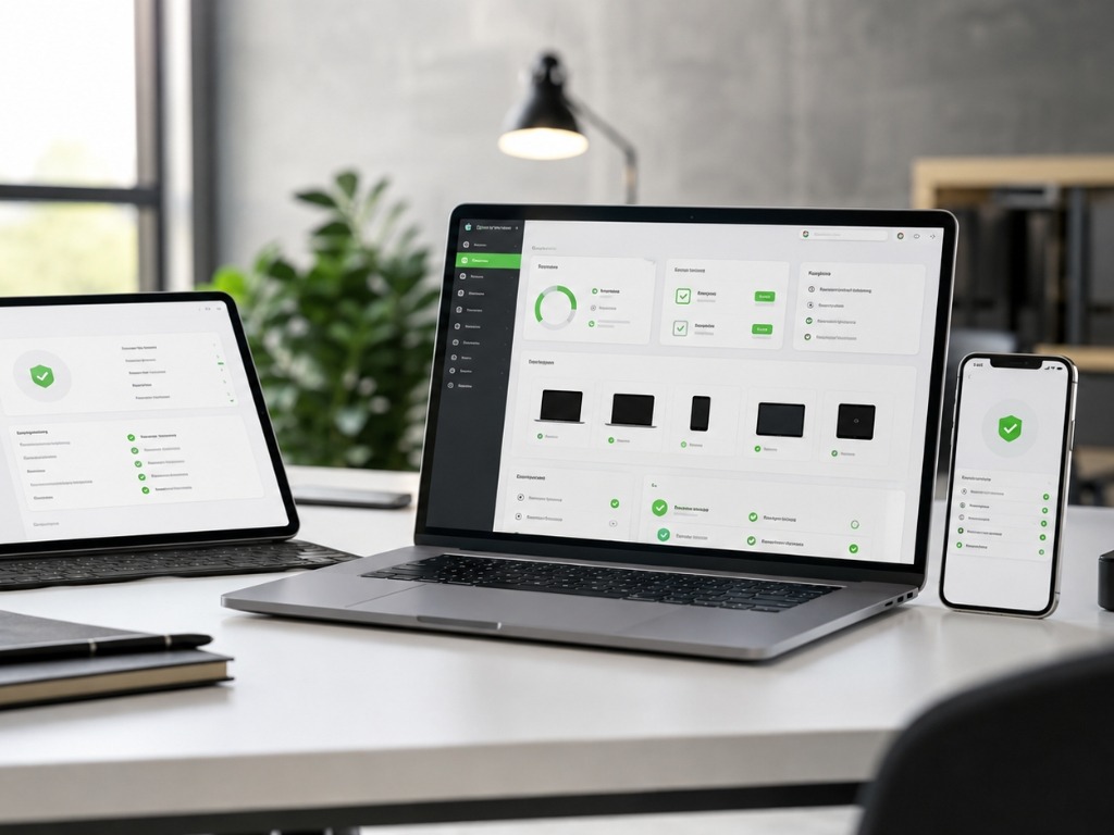 Apple-Geräte in einer professionellen IT-Umgebung mit abstrakter MDM- und Security-Dashboardansicht