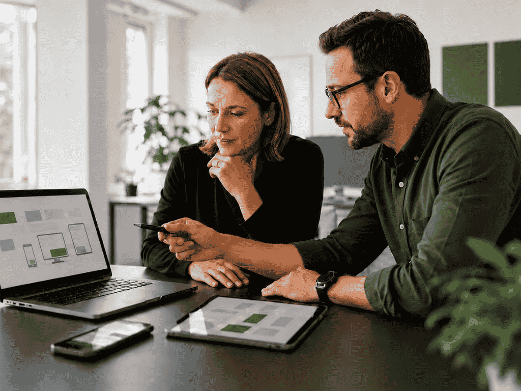 Zwei IT-Spezialisten analysieren an Laptop, Tablet und Smartphone eine Unternehmensumgebung für Endpoint Security und Geräteverwaltung.