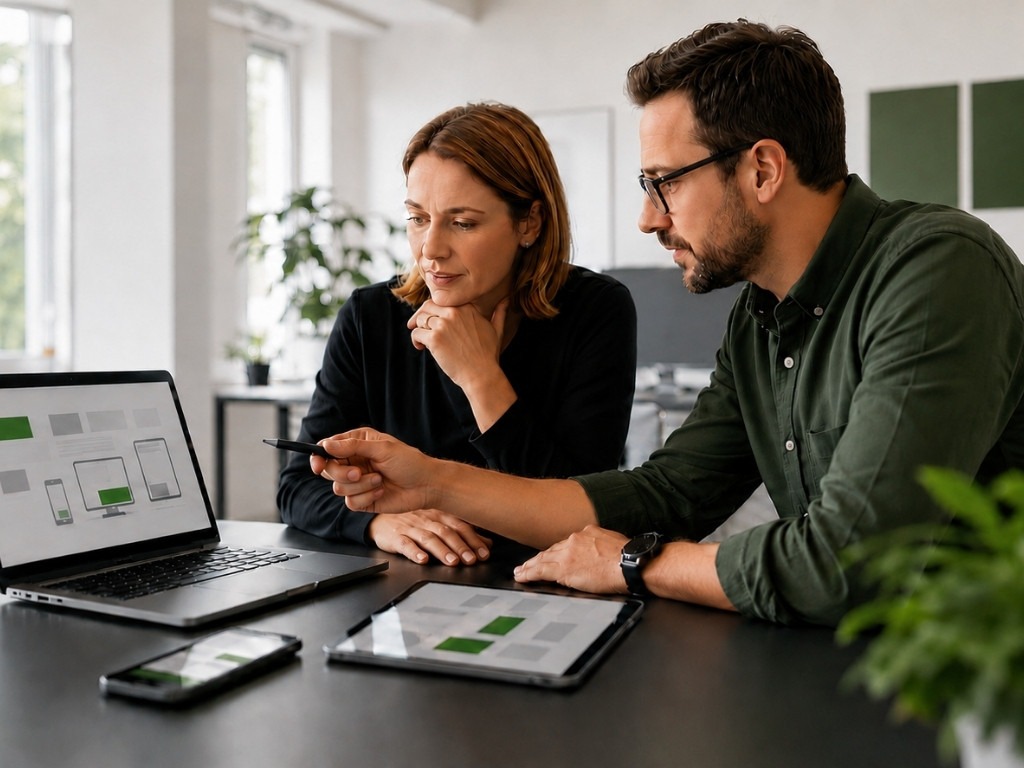 Zwei IT-Spezialisten analysieren an Laptop, Tablet und Smartphone eine Unternehmensumgebung für Endpoint Security und Geräteverwaltung.
