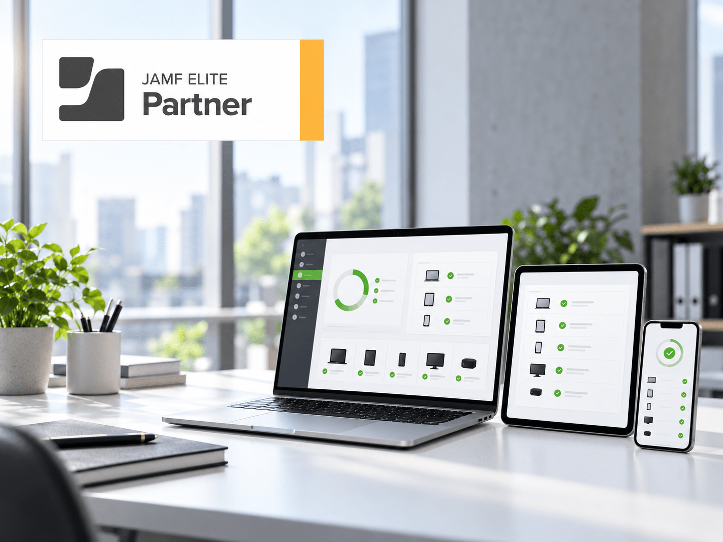 Jamf-Elite-Partnerlogo über einem Notebook, Tablet und Smartphone mit Geräteverwaltungsansichten in einer hellen Büroumgebung.