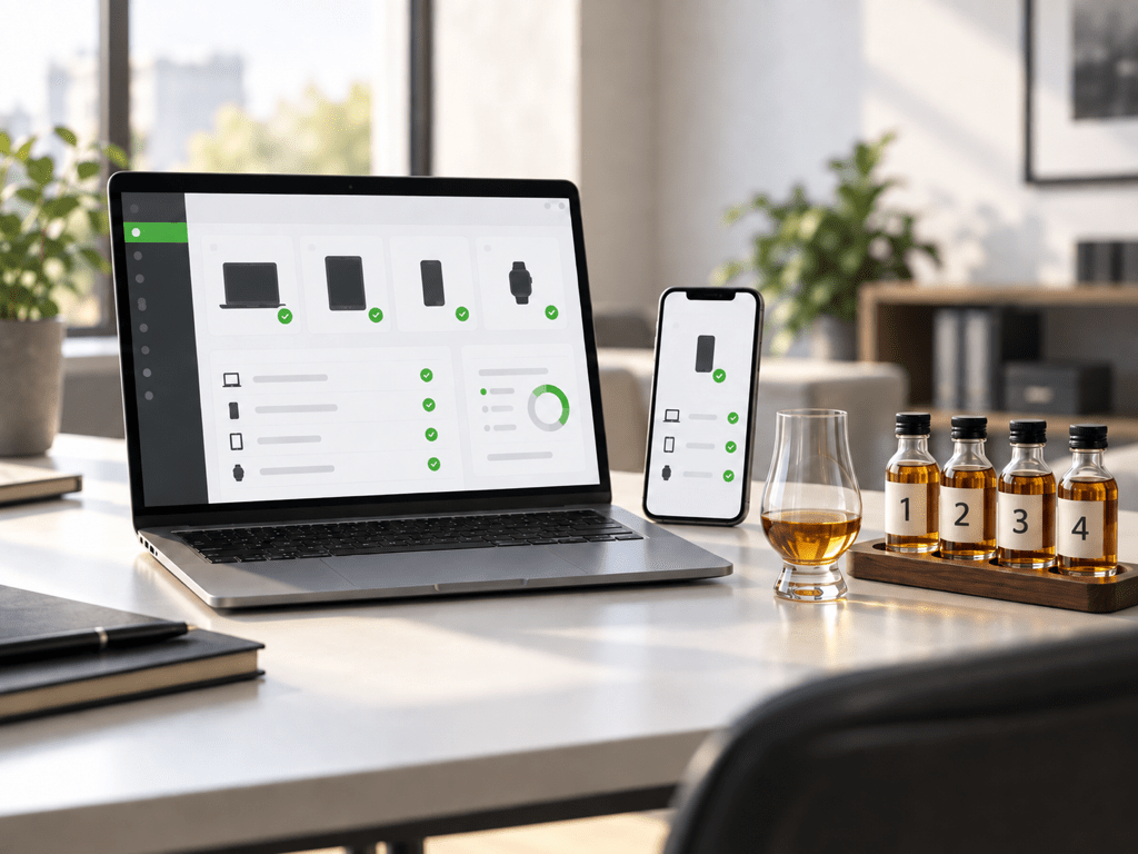 Laptop und Smartphone mit symbolischer Geräteverwaltung neben einem Whiskyglas und vier mit 1 bis 4 nummerierten Tasting-Flaschen.