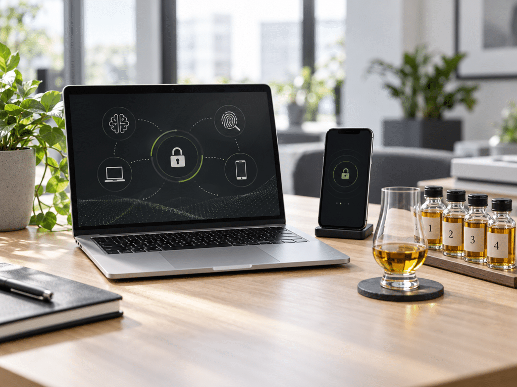 Laptop und Smartphone mit Sicherheitssymbolen neben einem Whiskyglas und vier Tasting-Fläschchen auf einem hellen Schreibtisch.
