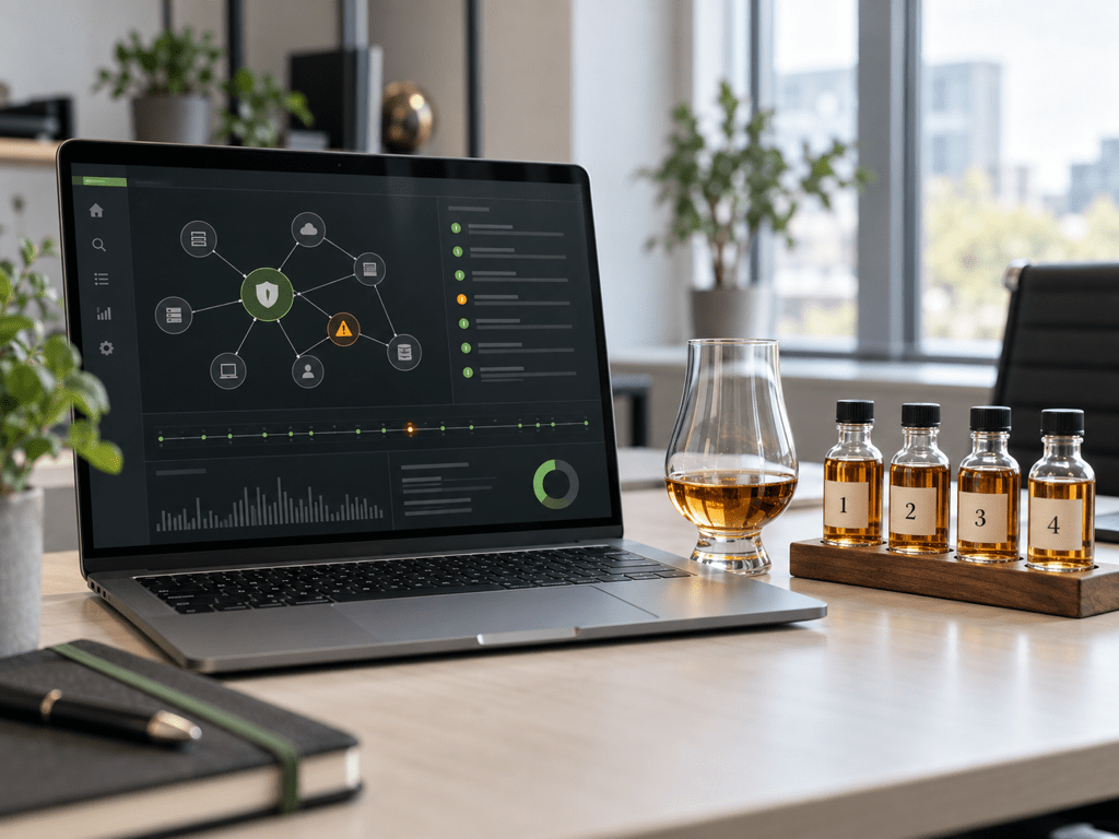 Laptop mit symbolischer Security-Analyse neben einem Whiskyglas und vier von 1 bis 4 nummerierten Tasting-Fläschchen im hellen Büro.