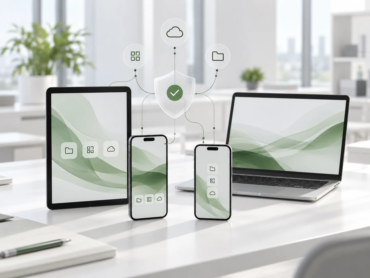Smartphones, Tablet und Notebook mit Schutzschild und verbundenen Symbolen für Apps, Cloud und Unternehmensdaten