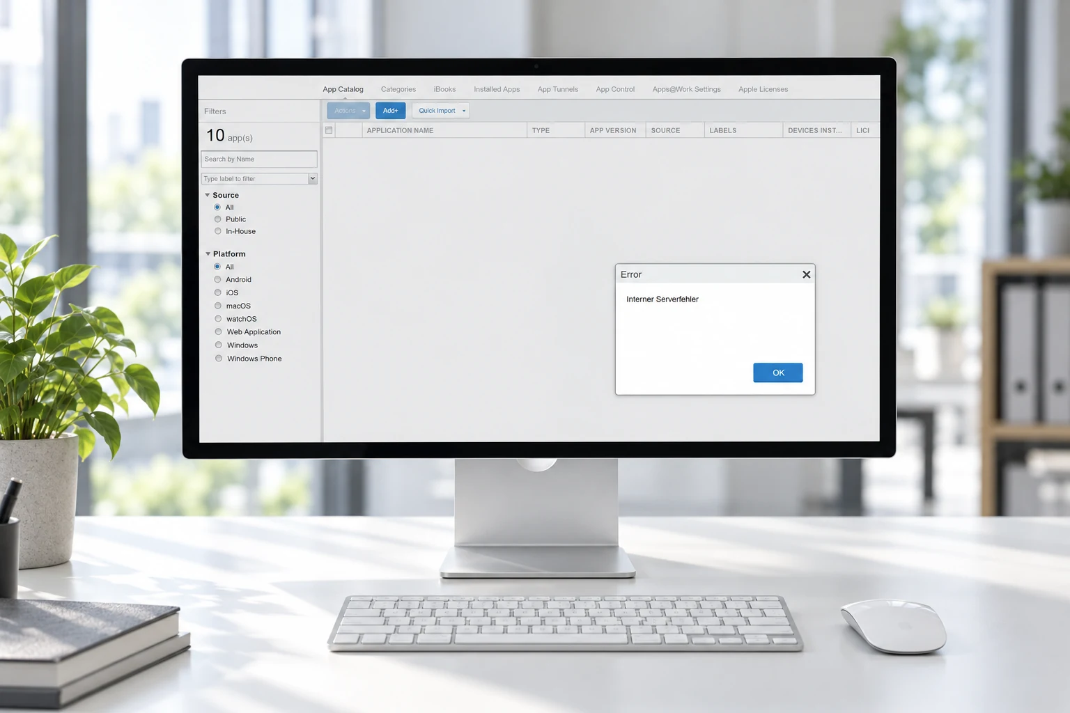 Bildschirm-Mockup eines Administrator-Arbeitsplatzes mit der Ivanti-EPMM-Meldung „Interner Serverfehler“.